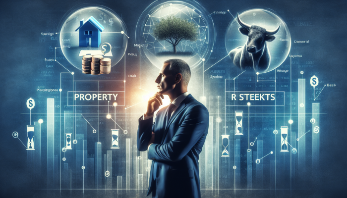 Person considering investments in property, stocks, and retirement, with financial growth chart.