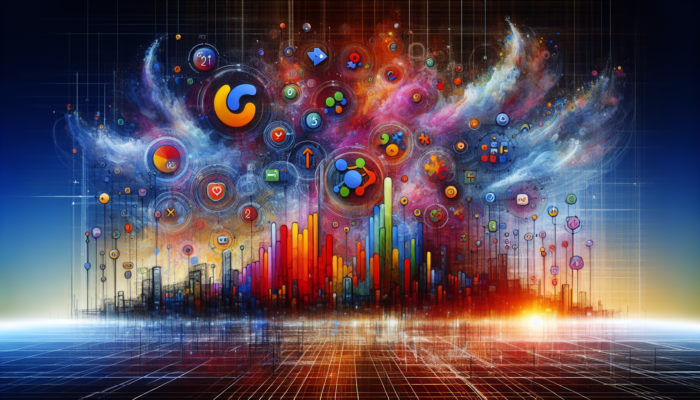 A vibrant digital interface showing Google Plus login analytics with colorful graphs and user engagement metrics.