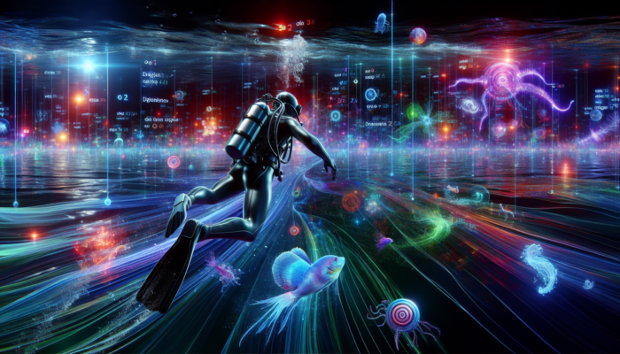 A diver in a futuristic suit analyzing data streams and user engagement metrics in a digital ocean.