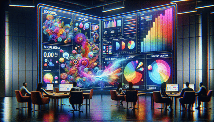 Digital web agency workspace with screens showing social media analytics, strategy, and content across multiple platforms.