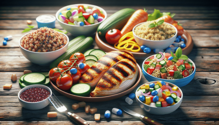 Grilled chicken, quinoa salad, and colourful vegetables on a rustic table, symbolising diabetes-friendly lunch options.