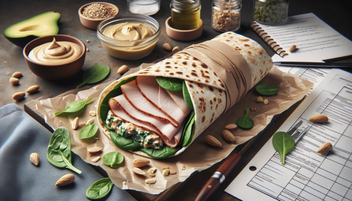 Whole-grain tortilla with turkey, spinach, and roasted garlic hummus, a healthy portable lunch.