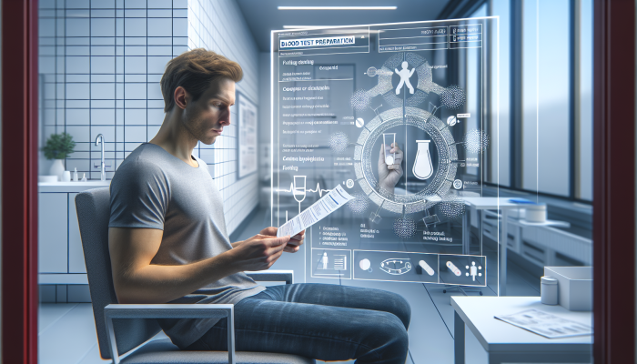 Person in Solihull clinic reading blood test prep guide with infographic on fasting and hydration.