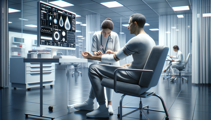 Person applying pressure on bandaged arm post-blood test, discussing results with healthcare provider in Solihull clinic.