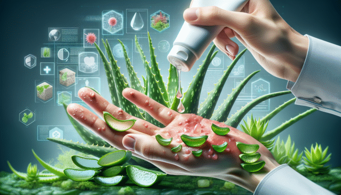 Aloe vera gel applied to acne-prone skin, reducing redness and healing scars, with lush plants in background.