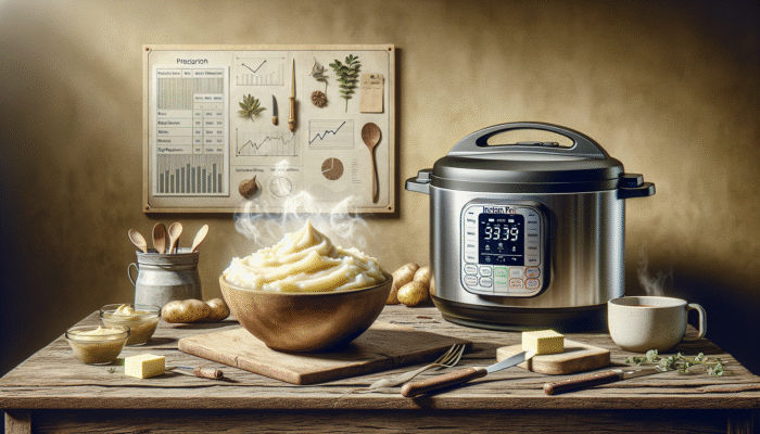 A steaming bowl of creamy mashed potatoes with butter, beside an Instant Pot on a rustic table.
