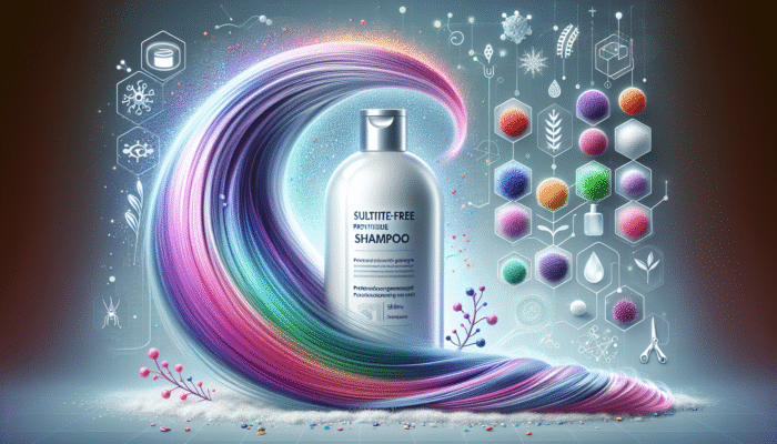 Sulfate-free shampoo bottle with pyrithione zinc and tea tree oil, vibrant color-treated hair strand, UV protection, dandruff flakes, and hair care icons.