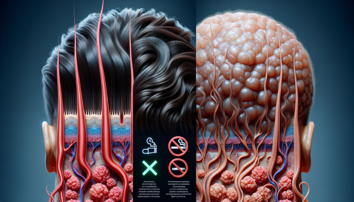 Illustration of healthy scalp with vibrant hair follicles versus smoking-damaged scalp with poor circulation.