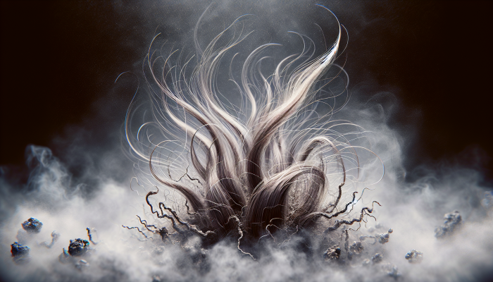 Close-up of smoker's dry, brittle hair snapping, with dissipating cigarette smoke in the background.