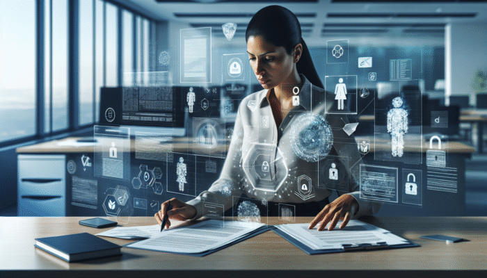 A person organizing documents and digital files on a desk, focused on security clearance preparation.