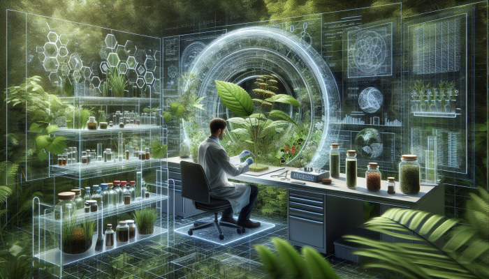 A scientist examines herbs in a lab, surrounded by equipment and greenery, blending modern science with traditional herbalism.