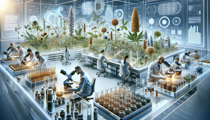 Scientists and herbalists at University of Exeter collaborating over microscopes and plants, integrating traditional and modern methods.