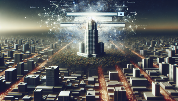 A skyscraper labeled "Brand Credibility" dominates smaller buildings, symbolising SEO authority and trust in search results.