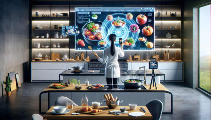 A chef in a modern kitchen using an iPhone and tablet for AR cooking, displaying 3D food models.