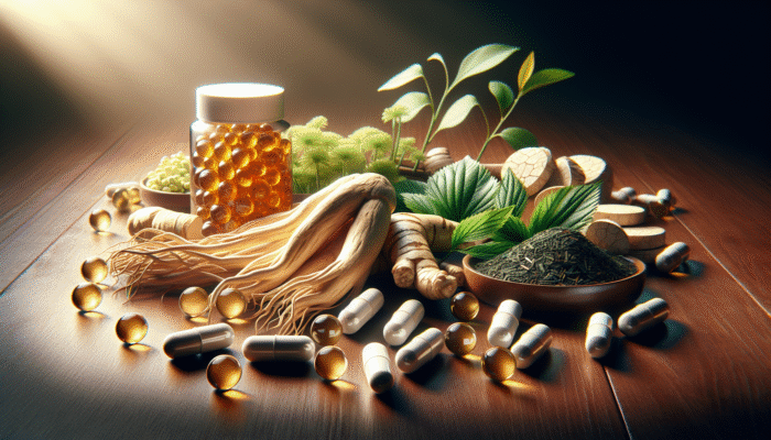 Natural energy supplement ingredients including ginseng, B-vitamins, and green tea extract on a wooden table.