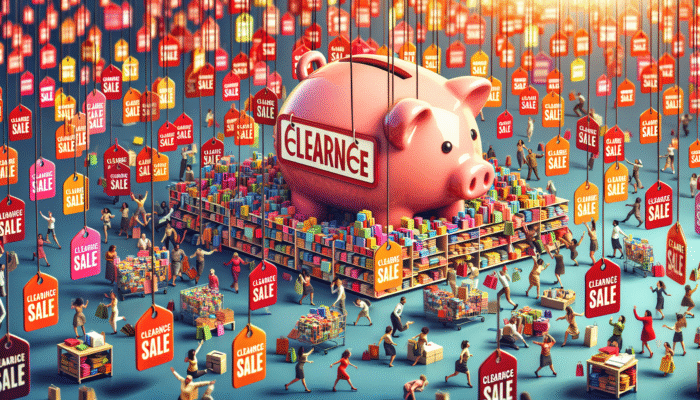 Colorful clearance sale signs, shoppers grabbing discounts, growing piggy bank in foreground.
