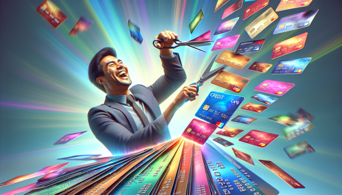 Individual cutting up high-interest credit cards, transferring balances to a new 0% interest card for debt consolidation.