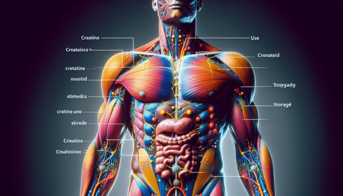 Creatine for Rugby Players: Detailed anatomical diagram showing creatine synthesis, storage, and utilization in the human body.