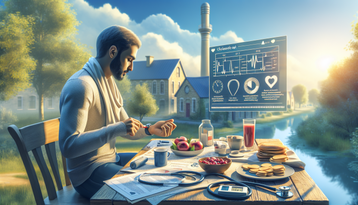 A person in Ampthill calmly preparing for a cholesterol test with health guides and a light breakfast.