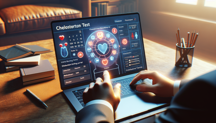 Person using a laptop to book a cholesterol test online in a cozy home office.