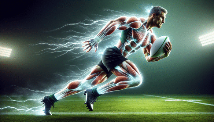 Rugby player sprinting with glowing muscles, aura of light symbolizing enhanced energy from creatine.