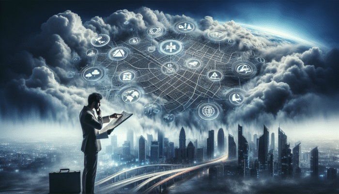 A map with evacuation routes, emergency symbols, and a person studying it against a city skyline with cloudy sky.