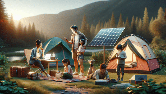 Family camping in national park, using polycrystalline solar panels to power campsite at dusk.