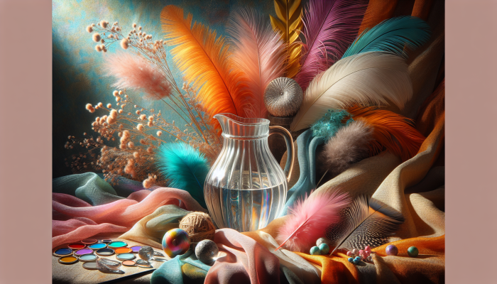 A vibrant still life with diverse textures like silk, burlap, feathers, and nurturing elements like water and sunlight.