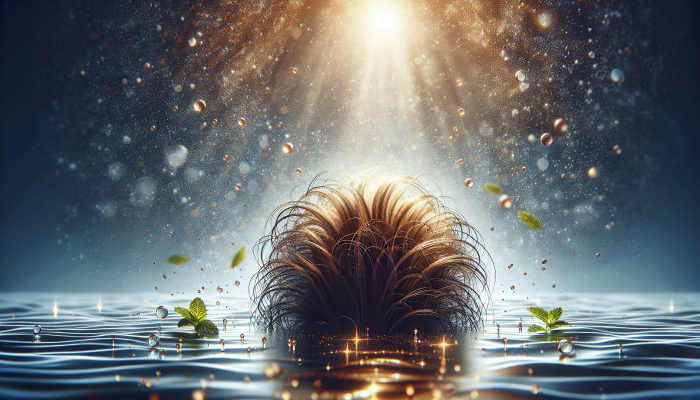 A healthy scalp with vibrant hair, treated with tea tree oil, peppermint oil, and witch hazel, showing nourished roots without irritation or dandruff.