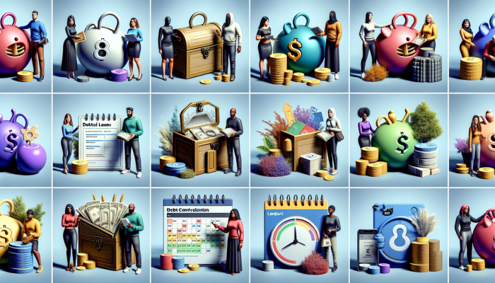 A diverse group in the UK holding documents for various debt consolidation loans, showing fixed rates and schedules.