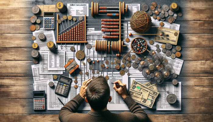 Individual compiling a detailed list of debts on a cluttered desk with financial documents and a calculator.