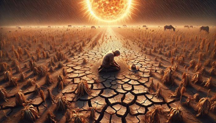 A parched field with cracked earth and wilting crops in Australia's outback, a farmer kneeling in despair amidst heat haze and dying livestock.