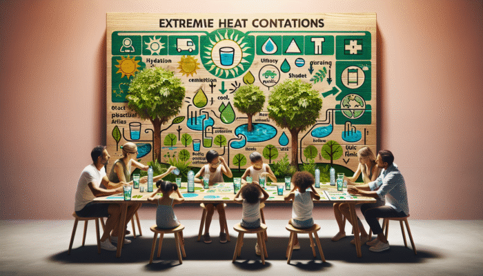 Family creating heatwave plan with hydration reminders, activity schedules, and cool location map under blazing sun.