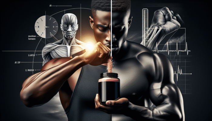 Athlete using HMB supplements before and after workout, with muscle fibers and scientific graphs on dosage and timing.