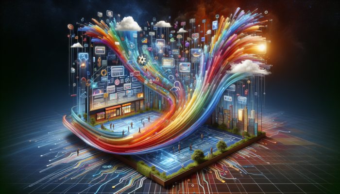 A digital interface linking Google Business Profile to Google Ads, with graphs and ads flowing to a retail store.