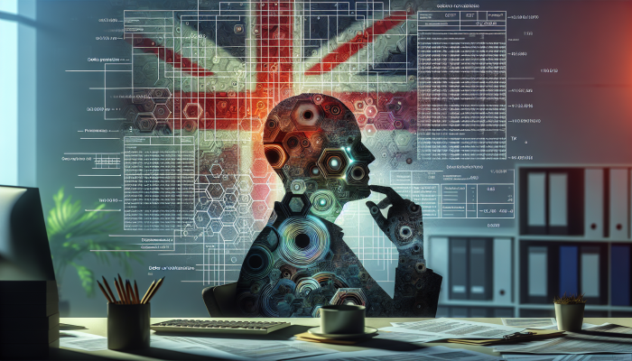 Person in office contemplating debt consolidation fees, surrounded by financial documents and UK flag.