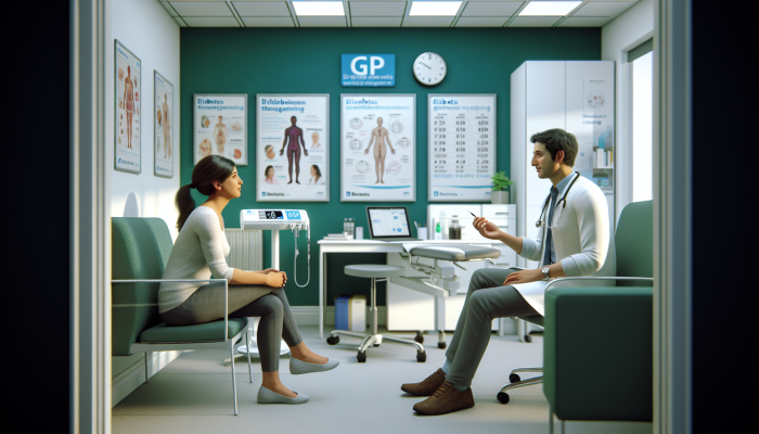 A serene GP clinic in Bridlington with a doctor discussing diabetes management and testing with a patient.
