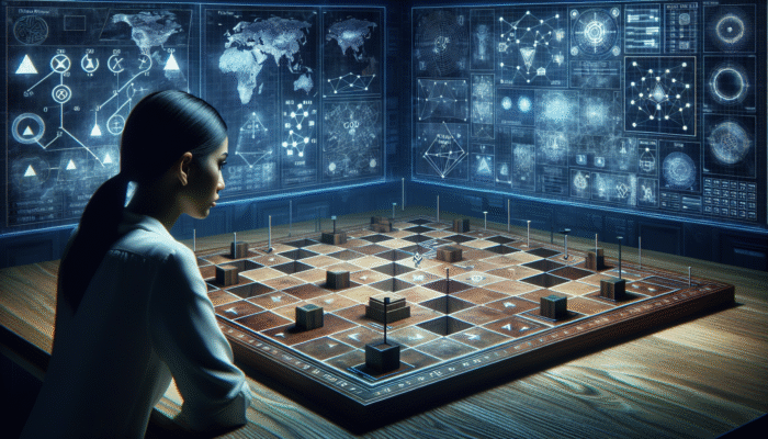 A game board with marked trap locations, charts, and a player studying in a dimly lit room.