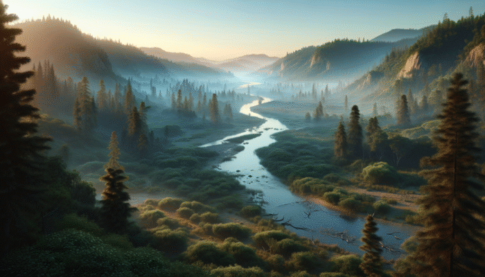 Remote wilderness at dawn, ideal for trapping with natural barriers and minimal human presence.