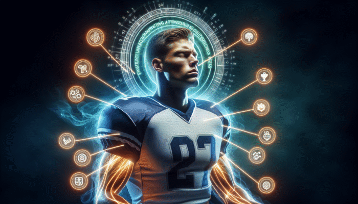 Football player in uniform, eyes closed, visualizing success with glowing affirmations around him.