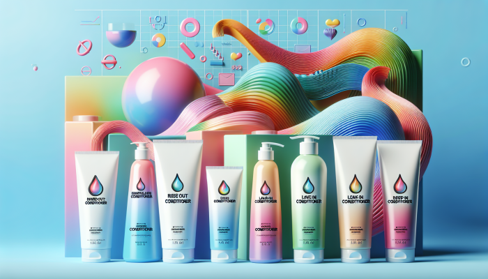 A colorful display of rinse-out, leave-in, and deep hair conditioners for various hair types and needs.
