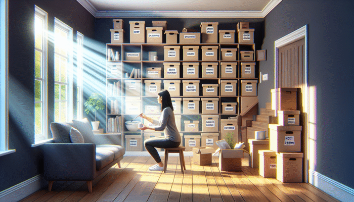 A tidy UK home with labeled boxes and a person sorting items into keep, donate, and discard piles.
