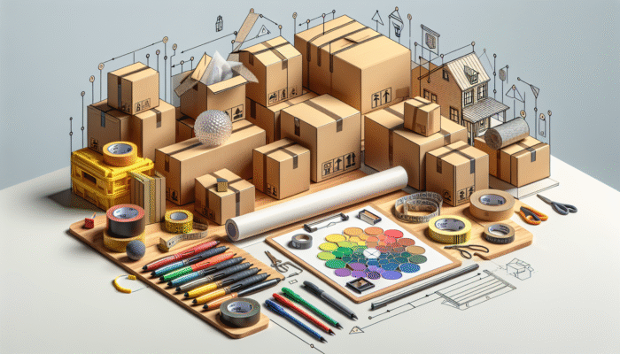 Sturdy boxes, packing tape, bubble wrap, and markers on a table, labeled for house clearance.