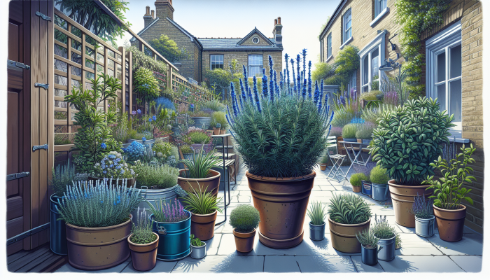'Tuscan Blue' rosemary with blue-hued foliage and 'Miss Jessop's Upright' in a compact pot in a UK garden.