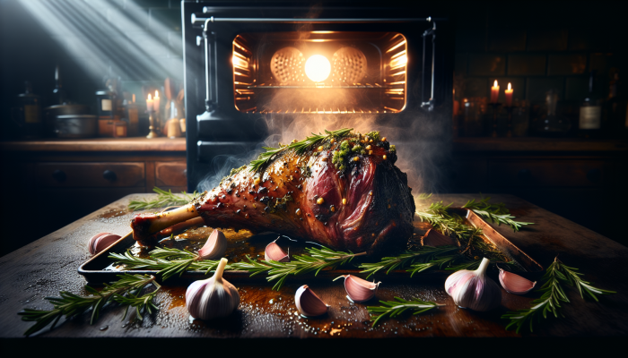 Leg of lamb roasting with rosemary and garlic, glistening with oil in a traditional British kitchen.