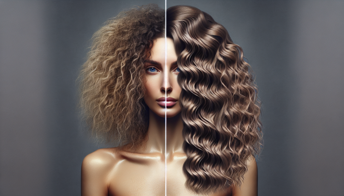 Before and after of curly, coarse hair treated with Olaplex, showing less frizz and a polished finish.