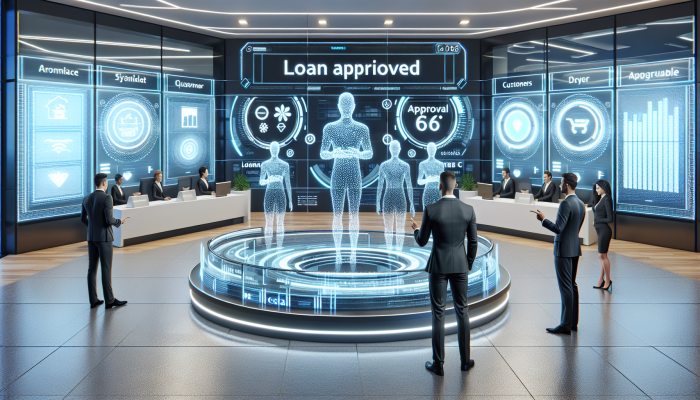 Futuristic bank with holographic displays for quick loan approvals, happy customers, modern design.