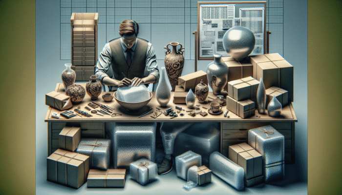 A person carefully wrapping glassware and vases in bubble wrap, labeling packages in an organized workspace.