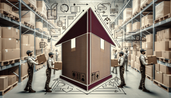 A cardboard box with a bold "Fragile" label and "This Side Up" arrow in a busy warehouse.