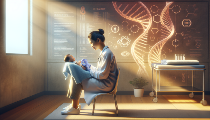 A pediatrician performing a heel prick test on a newborn in a softly lit examination room.